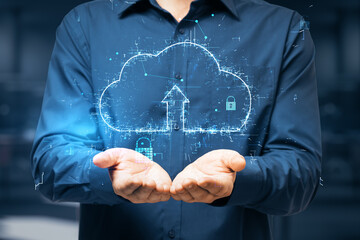 Cloud computing concept with digital cloud icon with arrow up above businessman hands at dark background. Double exposure