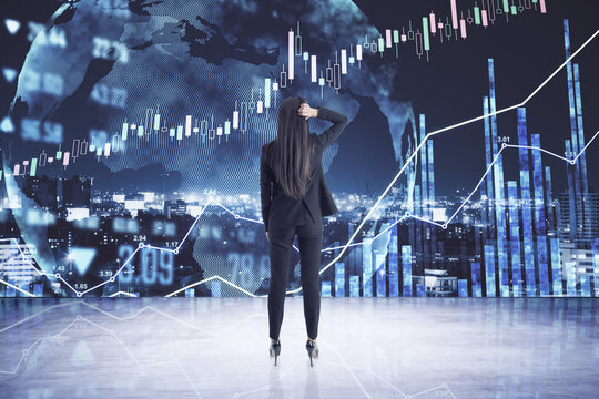 Decision making concept with businesswoman back looking at digital screen with stock market chart. Double exposure - Powered by Adobe