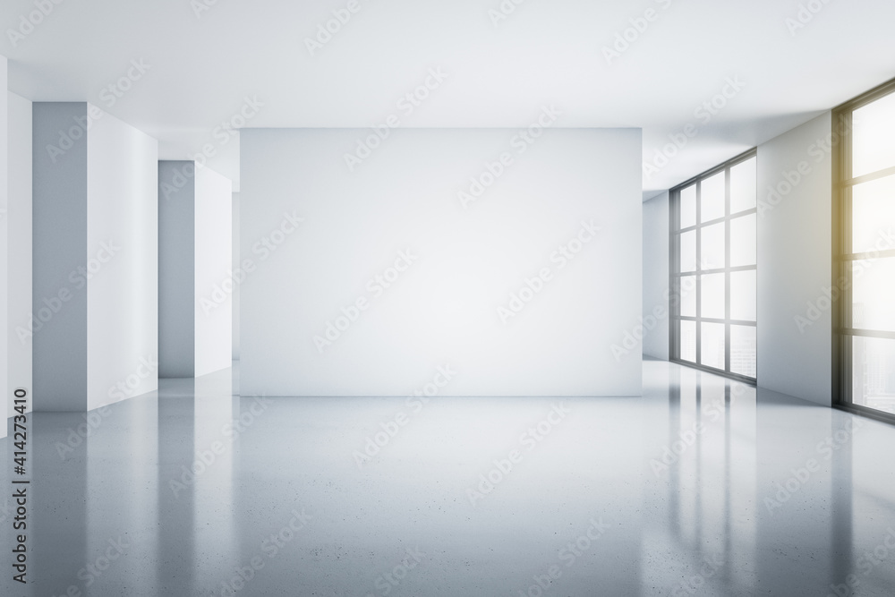 Poster modern empty light hall room with blank white wall, glossy floor and windows to the floor with city 