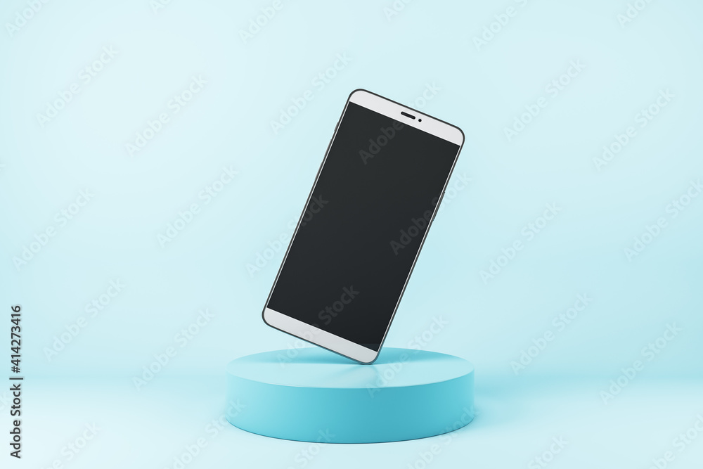 Aufkleber cellphone frame with blank black screen standing on one corner on turquoise cylinder at abstract blu