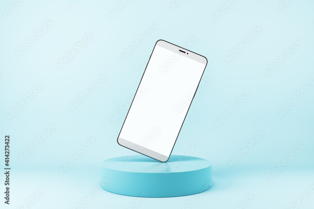 Poster Cellphone frame with blank white display standing on one corner on turquoise cylinder at abstract blue background. Realistic cell phone mockup. 3D rendering.
