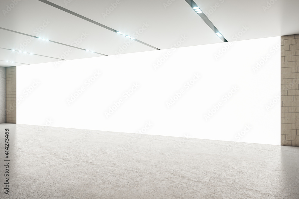 Poster blank white glowing wall in empty modern hall room with concrete floor and led lights on top. mockup
