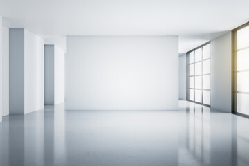 Modern empty light hall room with blank white wall, glossy floor and windows to the floor with city view. Mockup. 3D rendering.