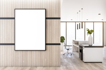 Blank white poster in black frame on wooden wall in modern eco style office with wooden floor. Mockup