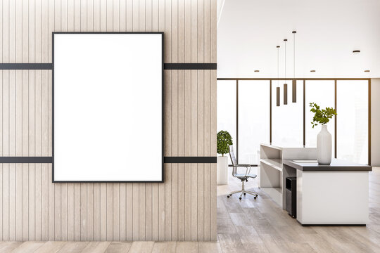 Blank White Poster In Black Frame On Wooden Wall In Modern Eco Style Office With Wooden Floor. Mockup