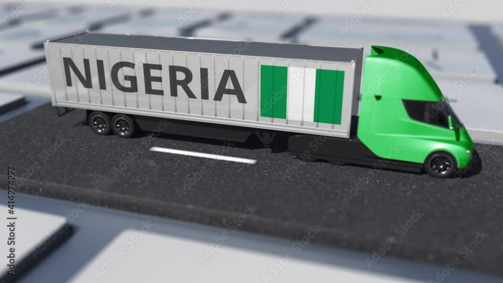 Poster flag of nigeria on moving truck and computer keyboard. international shipping related looping 3d ani