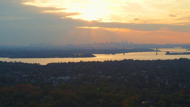 New York City Skyline at Sunset Seen from Manhasset Long Island Aerial
