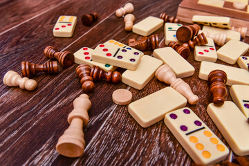 A variety of board game pieces. A background miscellaneous board game pieces
