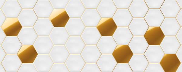 White and gold hexagon ceramic tiles. Modern seamless pattern, white and gold colored hexagon ceramic tiles.  - obrazy, fototapety, plakaty