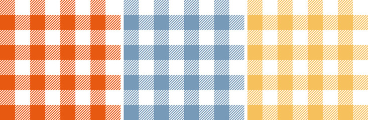 Vichy pattern set in blue, orange, white. Gingham seamless check background art striped bright colorful graphics for shirt, tablecloth, towel, other modern spring summer fashion fabric design.