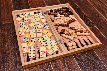 checkers, chess, dominoes and backgammon. set of board games.