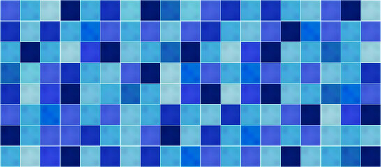 Blue mosaic ceramic tiles. Modern seamless pattern, mosaic of blue square bathroom wall and floor tiles. 