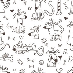 Seamless pattern with cute cartoon dogs and bones on white background. Line art funny animals print. Doodle puppies wallpaper. Childrens illustration poster.