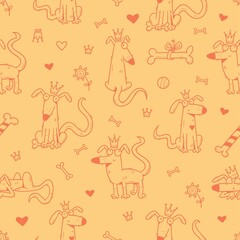 Seamless pattern with cute cartoon dogs and bones on orange background. Line art funny animals print. Doodle puppies wallpaper. Childrens illustration poster.