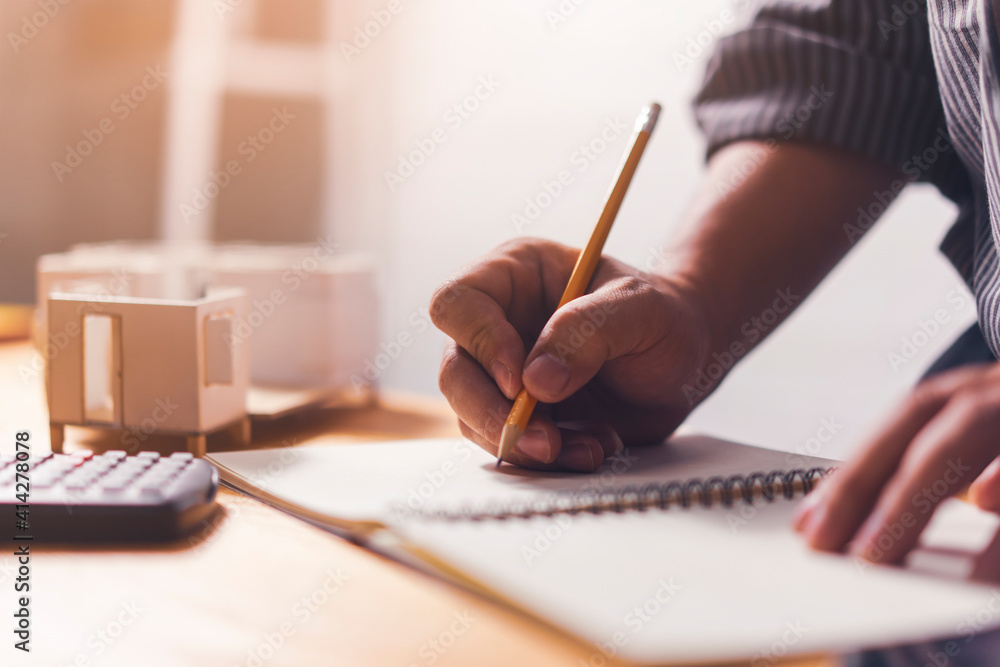 Poster architect engineer contractor close up working desk house model, home building house model planning 