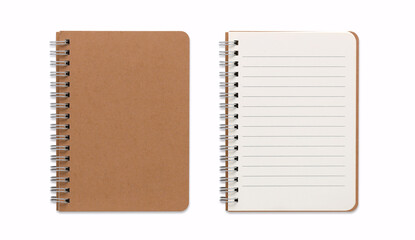 Top view closed and opened image of spiral blank notebook or notepad isolated and white background with clipping path