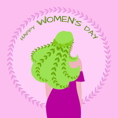 Happy Women's Day simple vector card. International Women's Day, 8th March. Girl and leaf frame in flat style.