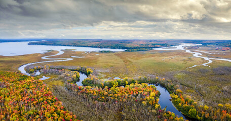 Autumn aerial view of Portage Lake  near Chassell in Michigan Upper Peninsula UP - Highway 41  