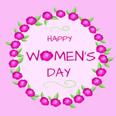 Happy women's day simple vector postcard. Lettering in a frame of roses on a pink background