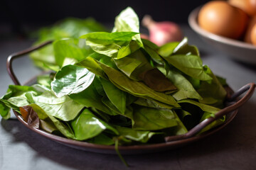 ingredient for Stir-fried Malindjo leaves with Egg on dark background. (Thai name is Bai Lieng Pad Kai),the leaves is local plant of Southern Thailand, believe it is healthy food