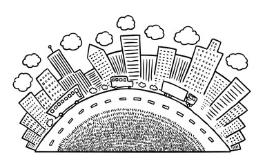 Hand drawn line art illustration with modern city theme. Editable for changing colors. Vector EPS. 