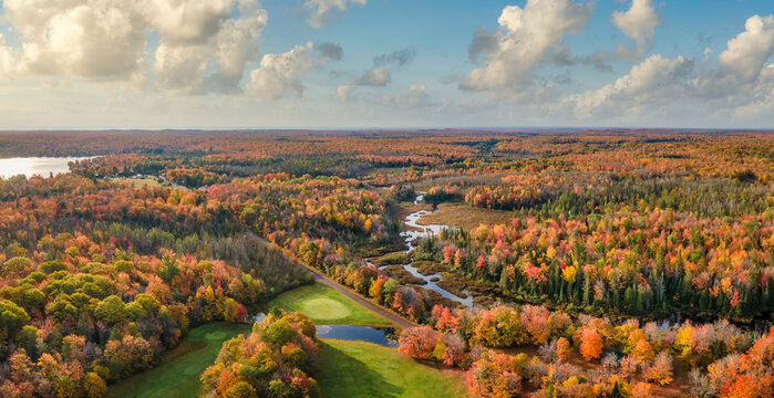 Autumn aerial view of Omer's Golf Course and Resort near Twin Lakes in the Michigan Upper Peninsula
