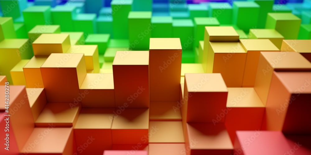 Poster background from randomly shifted rainbow or spectrum colored cubes, creativity or toy concept, selec