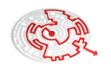 Red path thru white maze or labyrinth over white background, success, strategy or solution concept