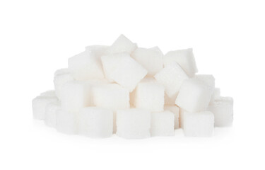 Heap of refined sugar cubes on white background