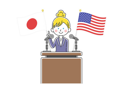 日米について演説する白人政治家のイラスト