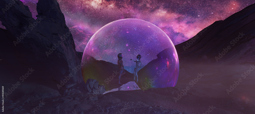 Wall mural bodyflying astronauts on alien rocky planet without enough gravity with glowing portal bubble on bac