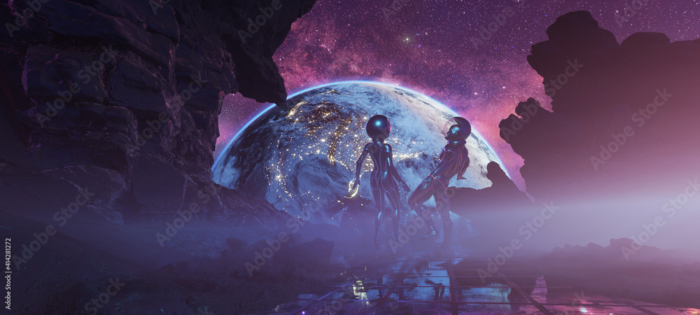 Canvas Prints bodyflying astronauts on alien rocky planet without enough gravity with glowing earth on background