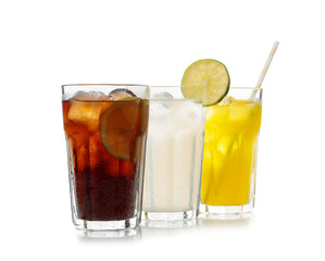 Delicious refreshing drinks in glasses on white background