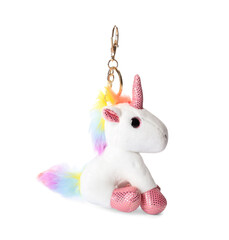 Cute soft unicorn keychain on white background