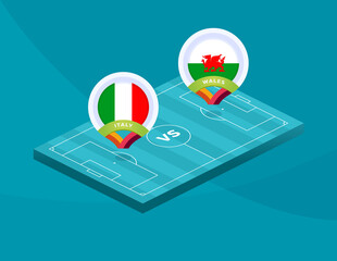 italy vs wales match. Football 2020 championship match versus teams intro sport background, championship competition final poster, flat style vector illustration.