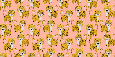 Seamless pattern of cute cartoon stylized leopards. Wild animals living in the jungle on a pink background. For nursery decor, baby clothes, fabric, fashion. Vector.