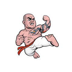 Cartoon karate fighter doing a flyling kick