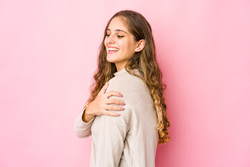 Young caucasian woman laughing and having fun.