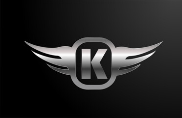 K letter logo alphabet for business and company with wings and silver color. Corporate lettering and brading with metal design icon