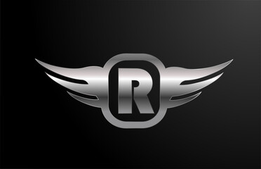 R letter logo alphabet for business and company with wings and silver color. Corporate lettering and brading with metal design icon