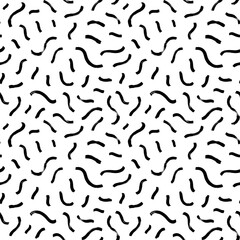 Seamless pattern with wavy bold lines. Hand drawn vector grunge pattern. Organic irregular wavy lines in Memphis style. Black squiggles, abstract swooshes, small curly dashes, dry brushstrokes