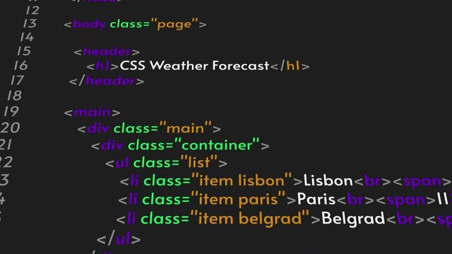 Program code animation on black background. IT concept. HTML or Java code