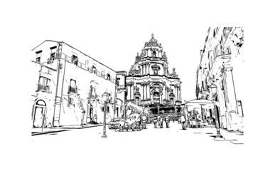 Gebäudeansicht mit Wahrzeichen von Sizilien ist die größte Insel Italiens. Handgezeichnete Skizzenillustration im Vektor. © dhanu3182