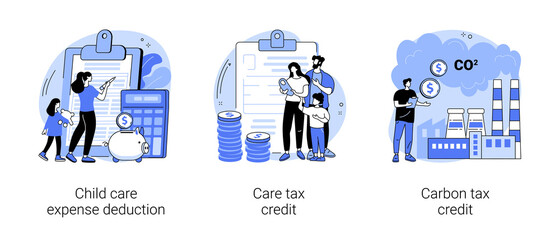 Family support abstract concept vector illustration set. Child care expense deduction, care and carbon tax credits, taxable income, family budget, bank transfer, paycheck abstract metaphor.