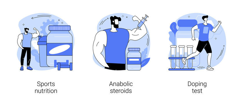 Sport Drugs Abstract Concept Vector Illustration Set. Sports Nutrition, Anabolic Steroids, Doping Test, Protein Cocktail, Muscle Mass, Athletic Performance, Laboratory Analysis Abstract Metaphor.