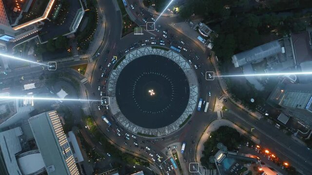 Traffic scanners tracking cars in a roundabout - 3d graphics animation - - top down aerial
