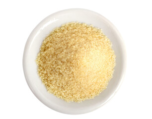 Gelatin Powder on a Plate (Gelatine). Top View. Isolated on White.