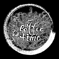 Coffee time, illustration of a black and white chalk board