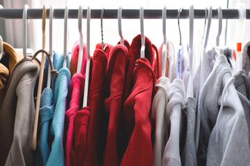 Clothes rack with hoodies organized by colour on hangers