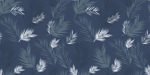 palm leaves background, fashion summer floral vector seamless repeat pattern in blue, navy and grey colour for textile, fabric, wallpaper, wrapping paper, interior design, packaging, dress, for him